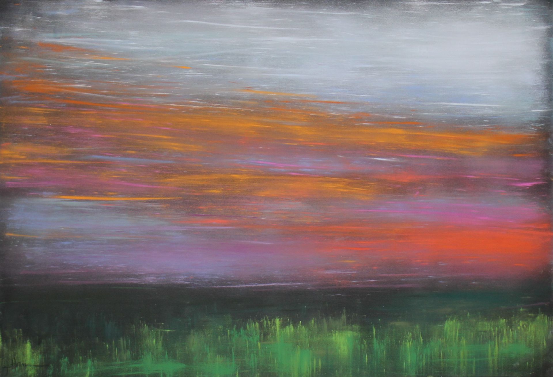 It is a painting of a sunset over a field.