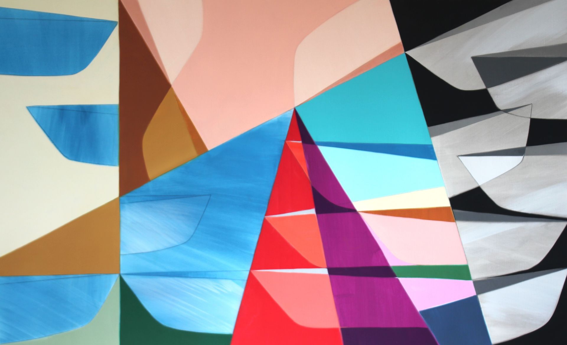 A colorful abstract painting with a red triangle in the middle