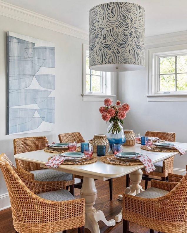 A dining room table with wicker chairs and plates on it