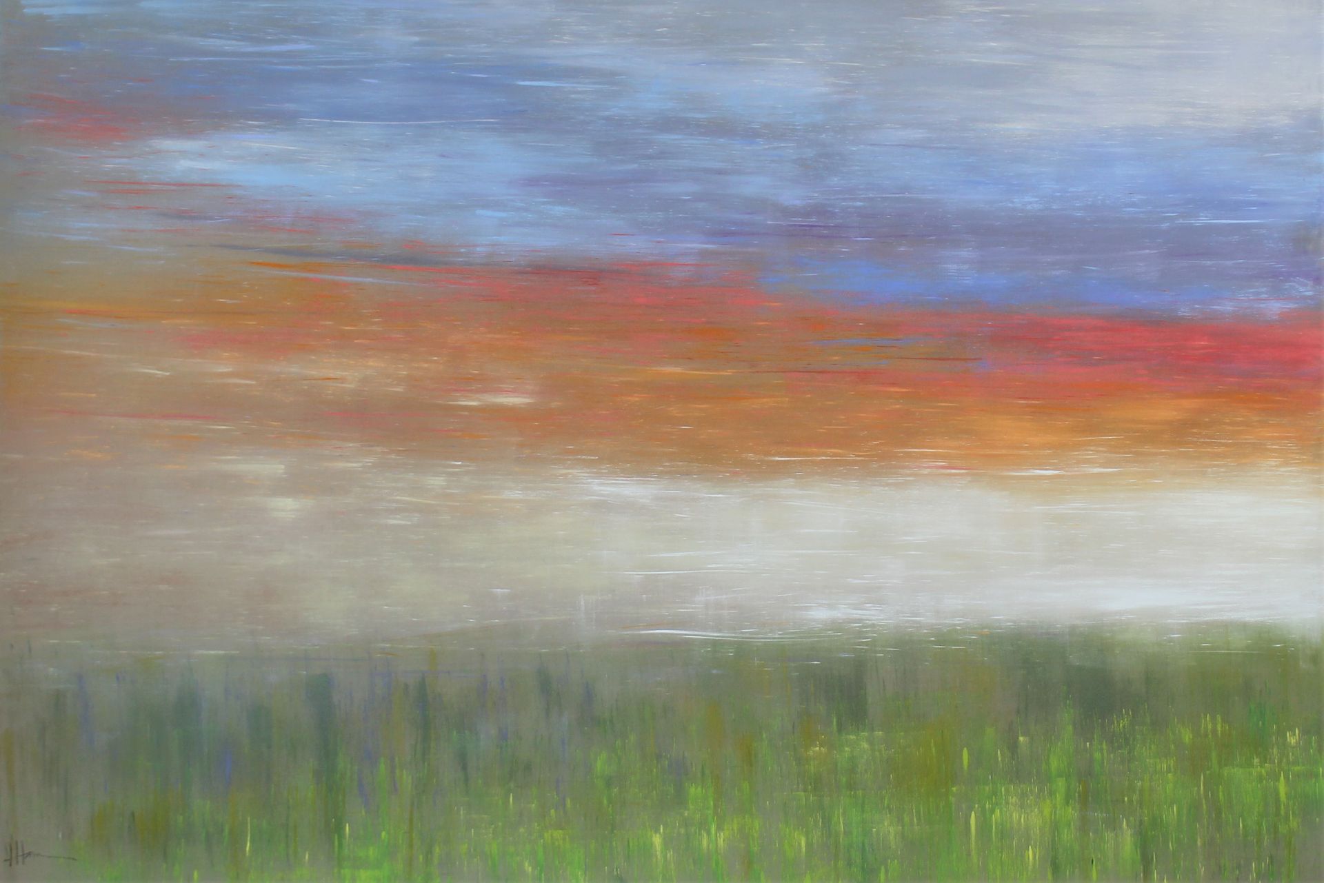 It is a painting of a sunset over a field of grass.