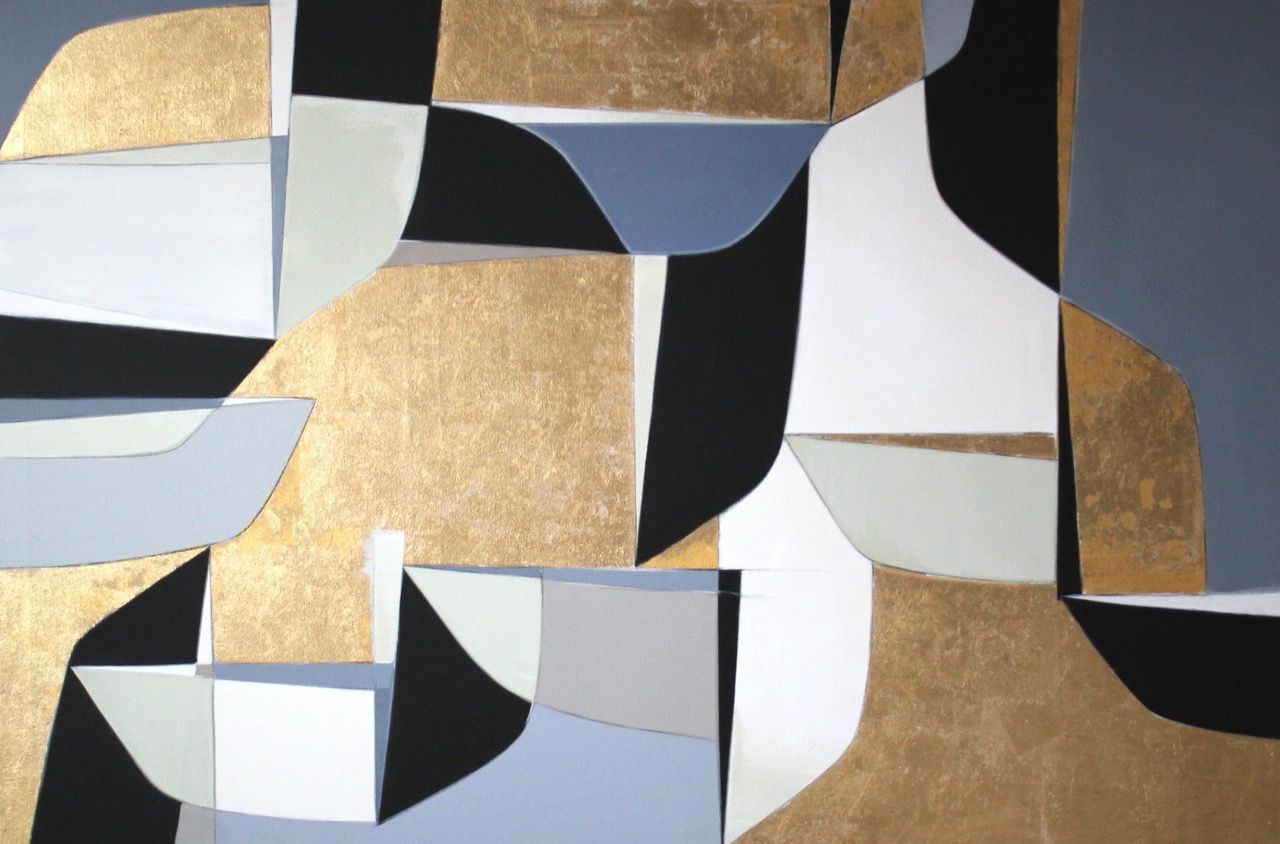 A black white and gold abstract painting on a white background