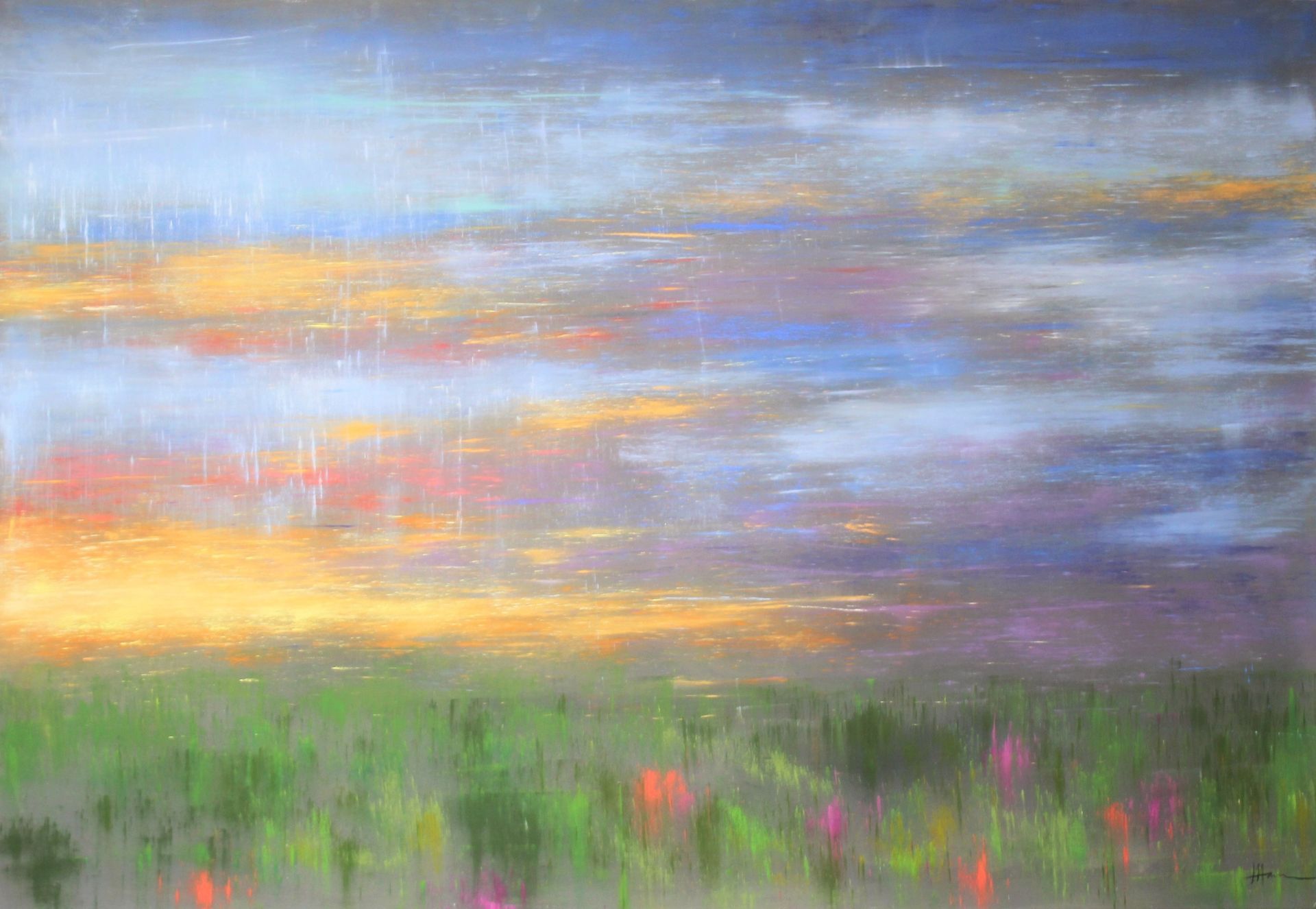 It is a painting of a sunset over a field of flowers.