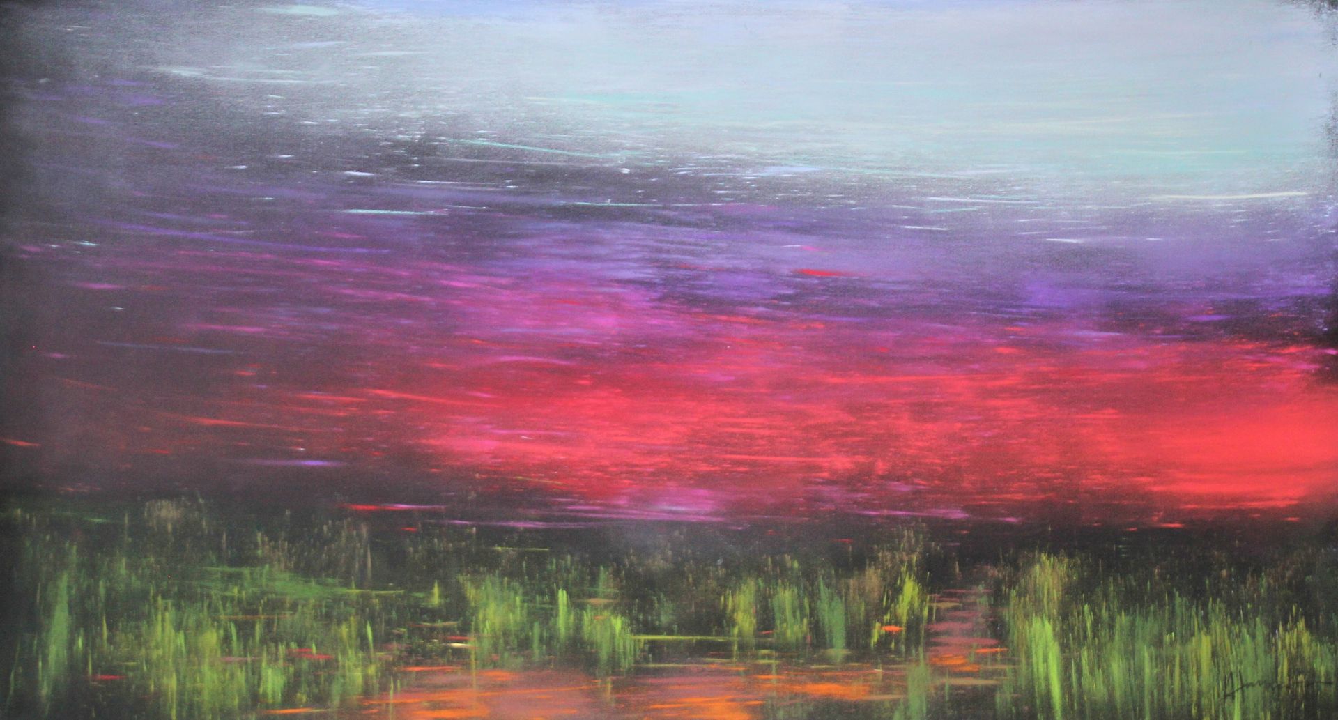 It is a painting of a sunset over a lake.