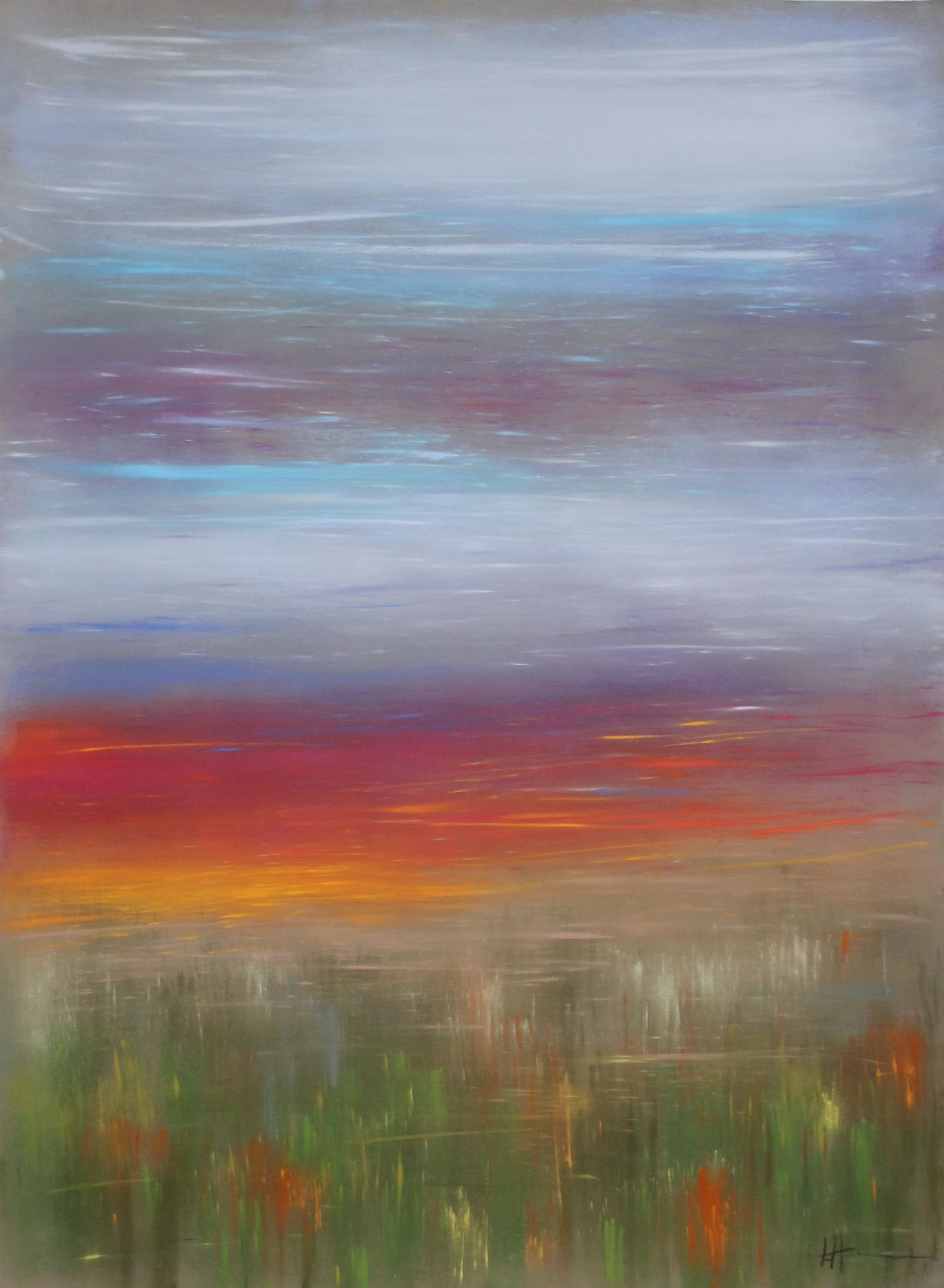 It is a painting of a sunset over a field of flowers.