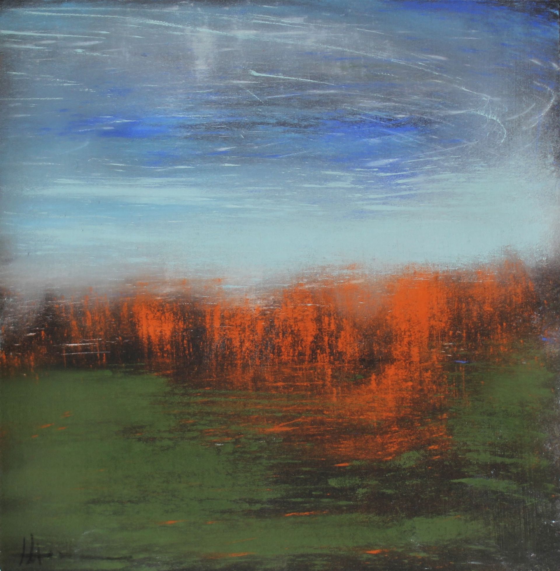 A painting of a field with trees and a blue sky in the background.