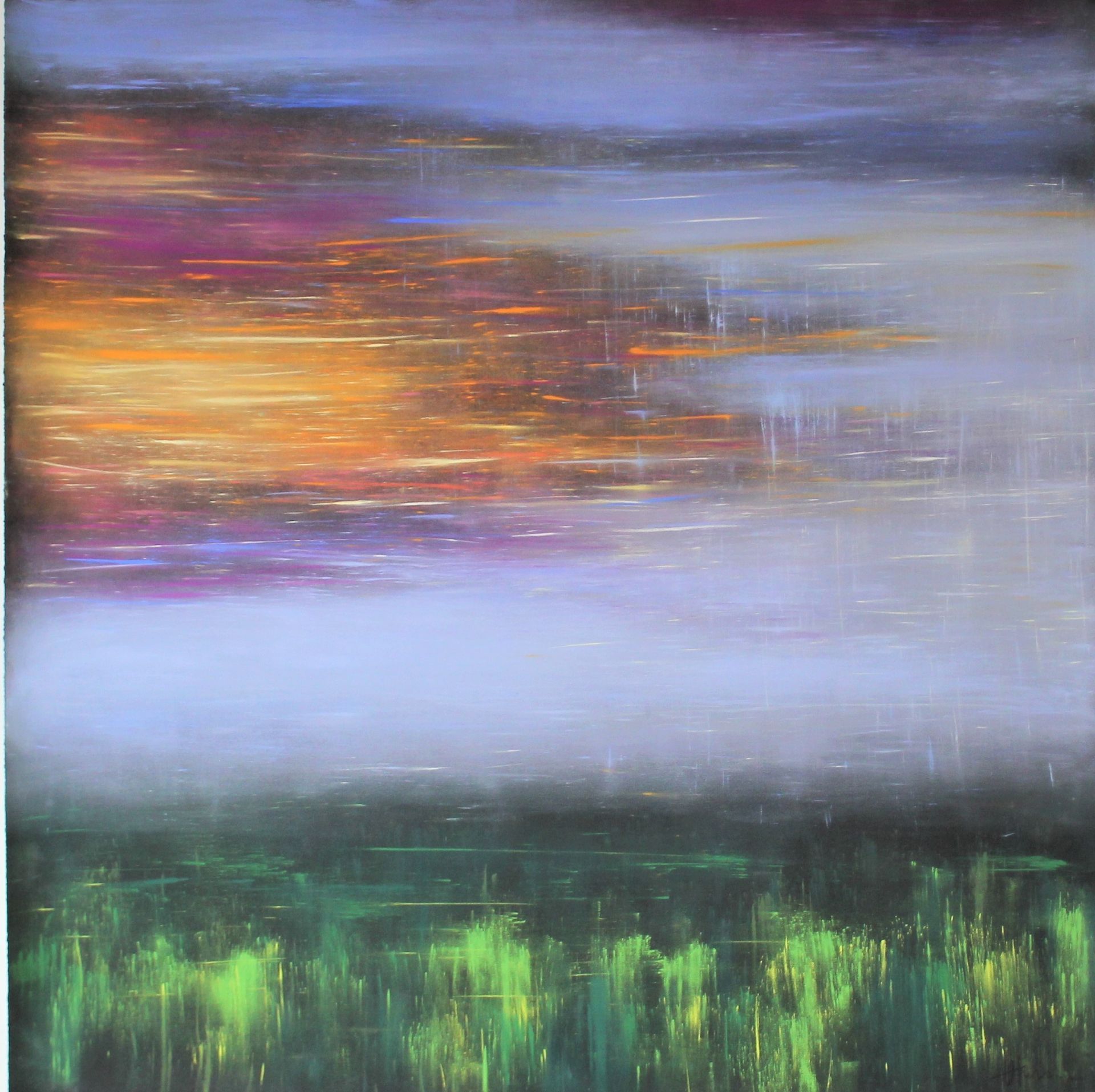 It is a painting of a sunset over a field of grass.