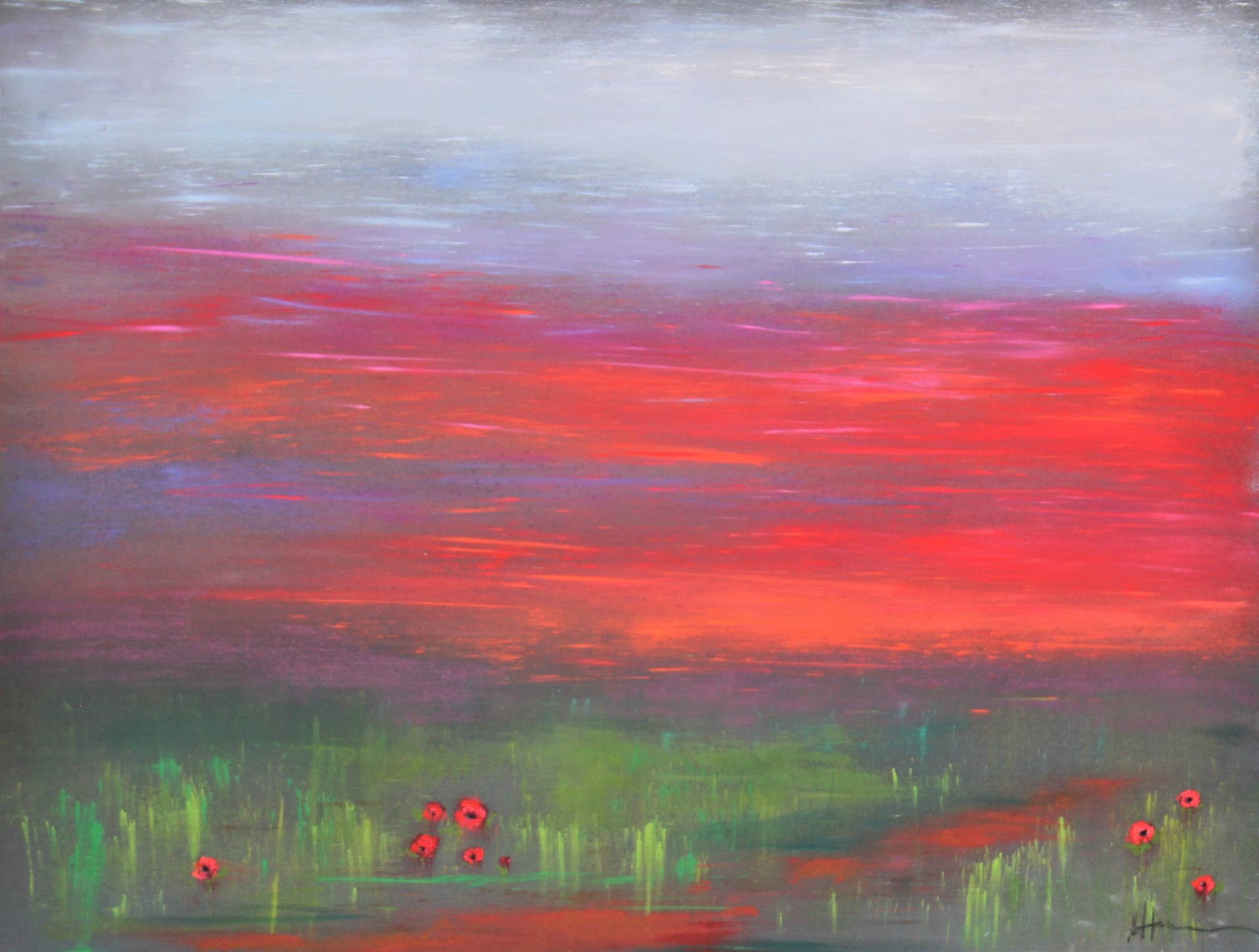 A painting of a field of red flowers with a red sky in the background.