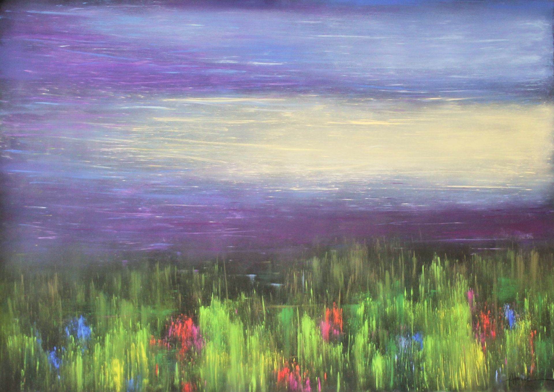 A painting of a field of flowers with a purple sky in the background.