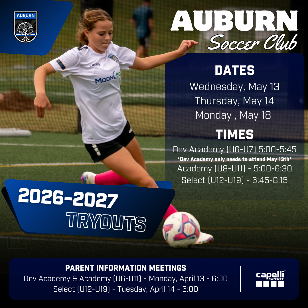 Auburn Soccer Club spring tryouts flyer