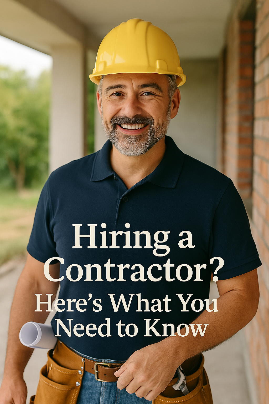 Contractor in yellow hard hat, smiling, holding blueprints; text: 