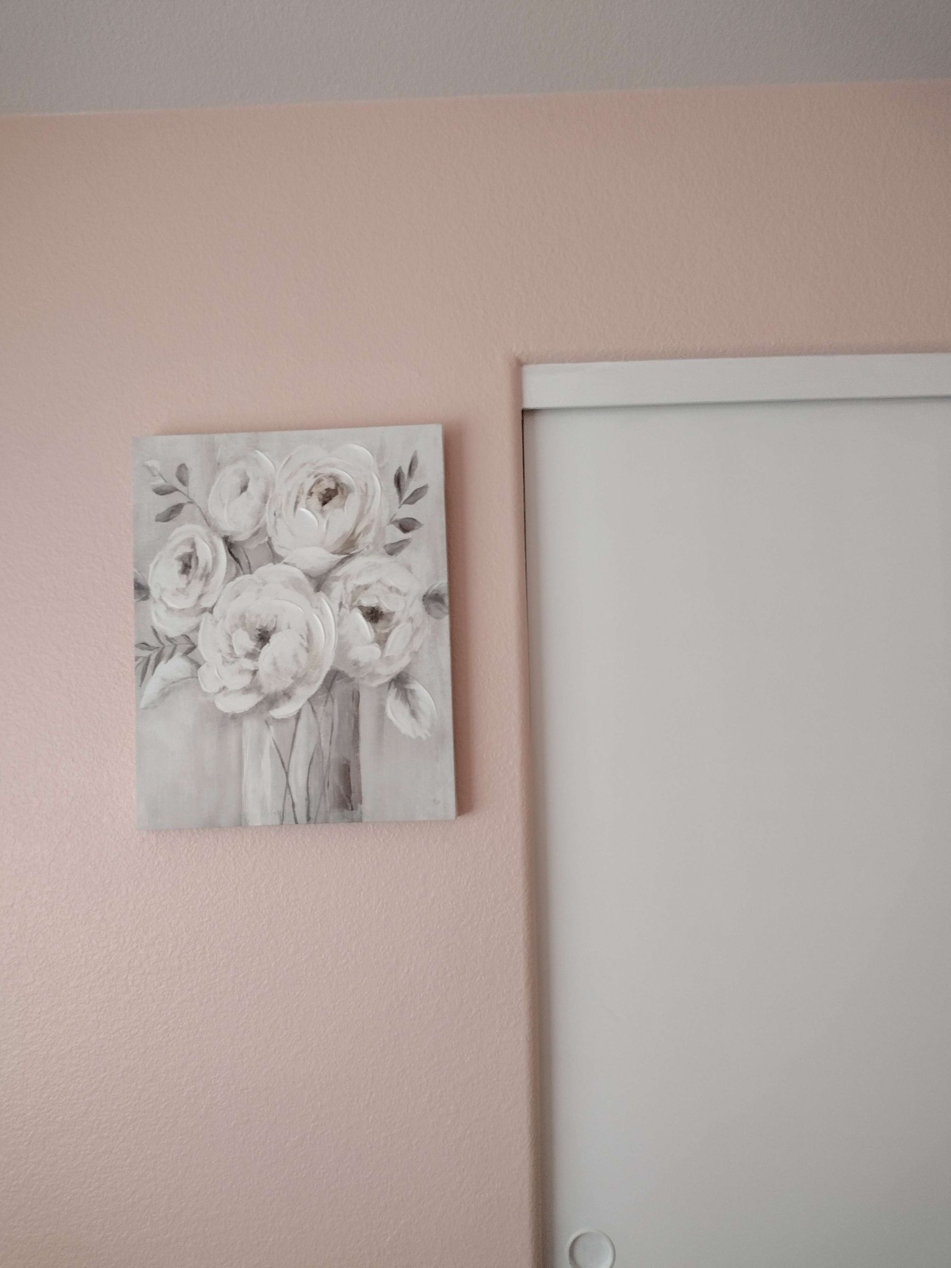 White floral painting on a pale pink wall beside a white sliding closet door.