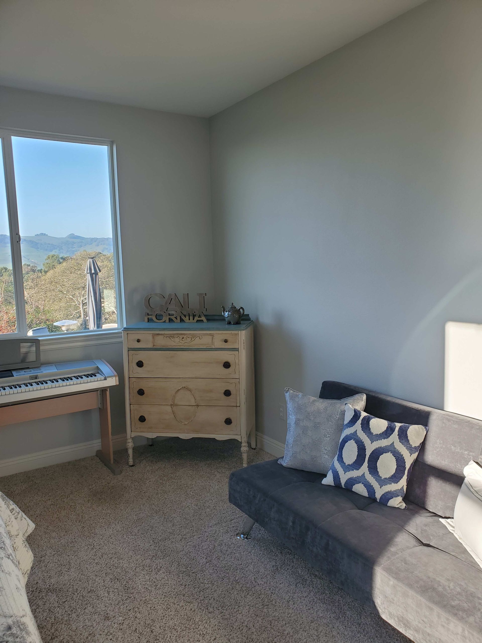 Bright room with a window, desk, dresser, and a blue-gray sofa with patterned pillows.