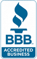 Blue and white Better Business Bureau (BBB) Accredited Business seal with a stylized torch icon.