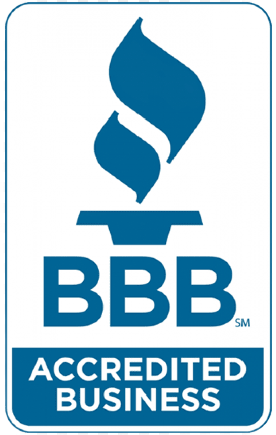 Blue and white Better Business Bureau (BBB) Accredited Business seal with a stylized torch icon.