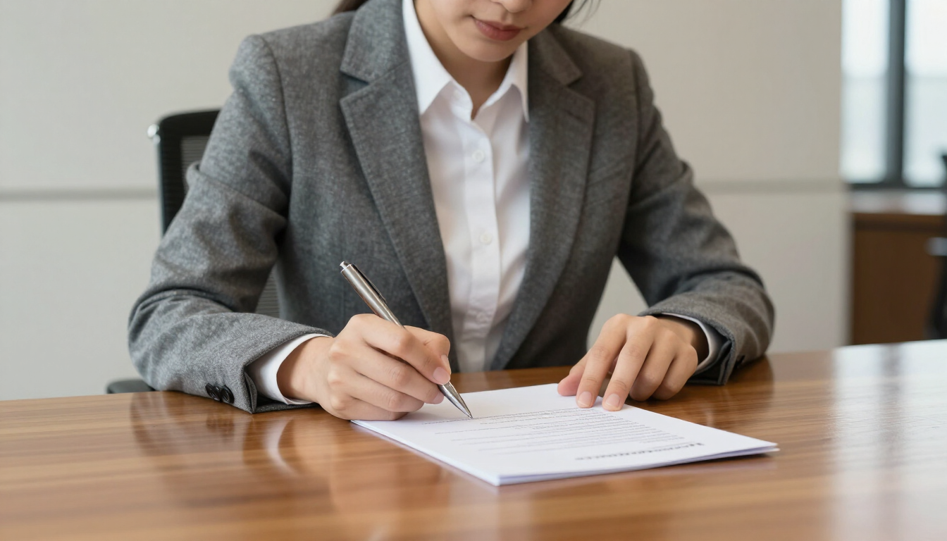 Business person signing a formal notice