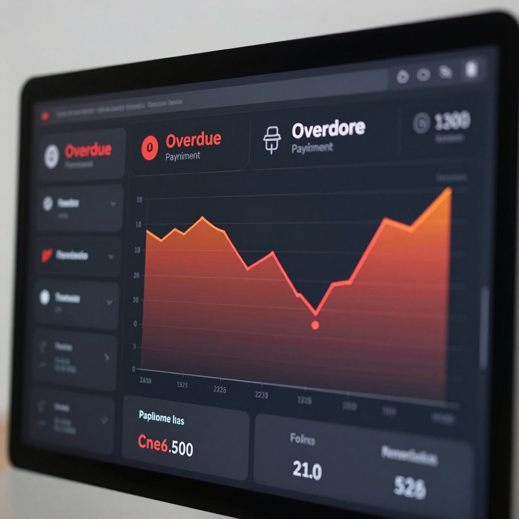 A digital financial dashboard showing overdue payments and declining profit graphs.