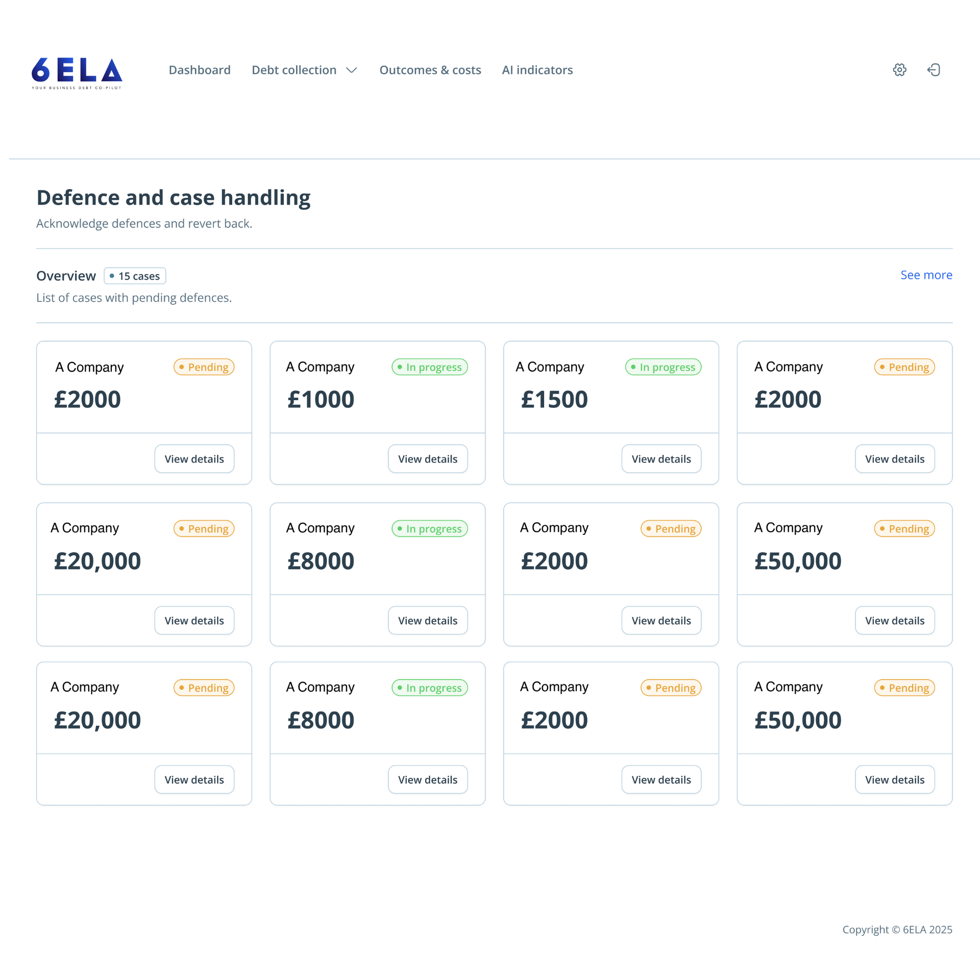 Defence and case handling pricing webpage with cards listing fees in pounds for services and outcomes