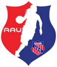 A red white and blue logo for aau usa