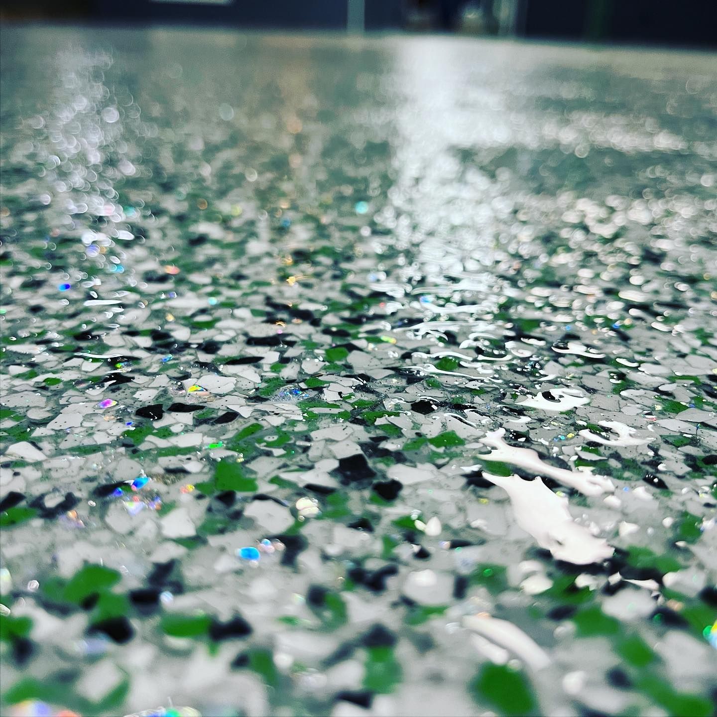 Eracknrool green epoxy flake floor broadcast texture Erie PA 814 Epoxy