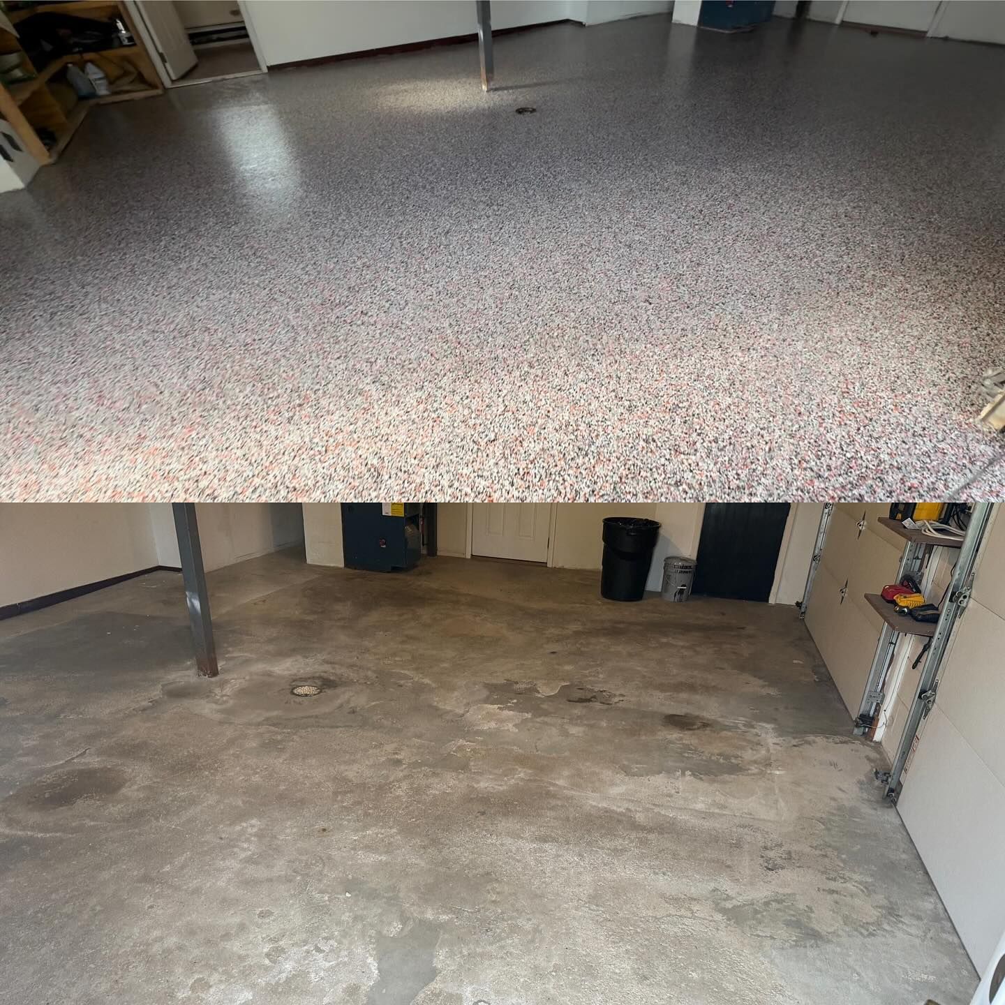 Garage floor before and after epoxy coating by 814 Epoxy and More in Erie, PA
