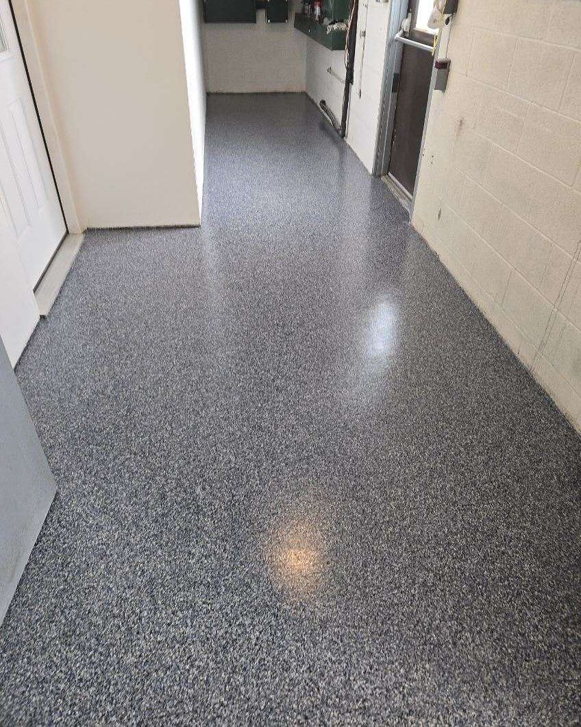 Nightfall color epoxy flake garage floor closeup Erie PA 814 Epoxy