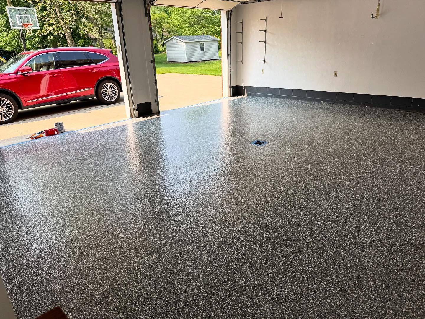 Flake epoxy garage floor completed Wombat color blend Erie PA 814 Epoxy