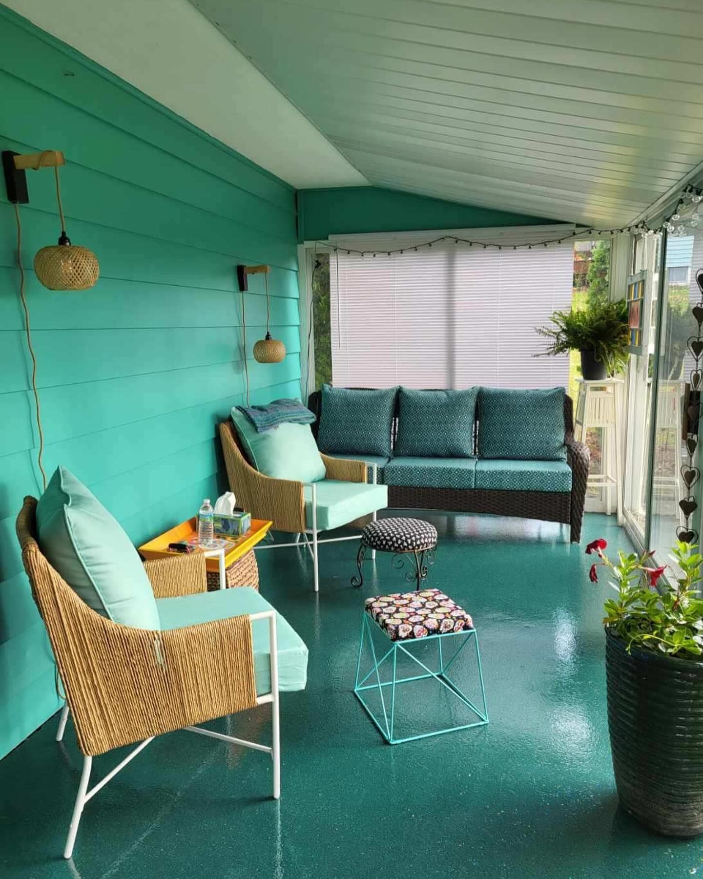 Green epoxy flake sunroom floor Erie PA by 814 Epoxy and More