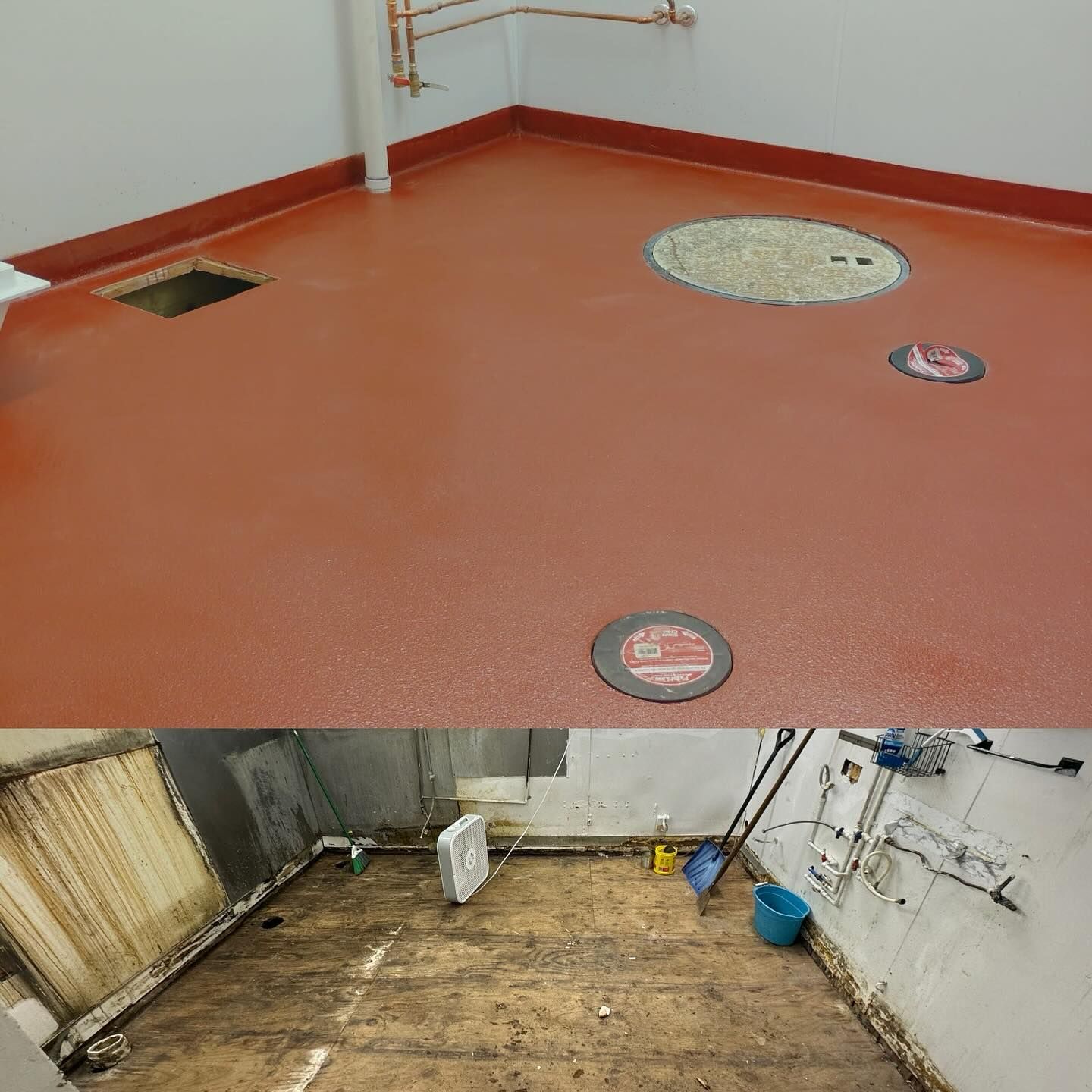 Red urethane cement floor with floor drain in commercial kitchen Erie PA