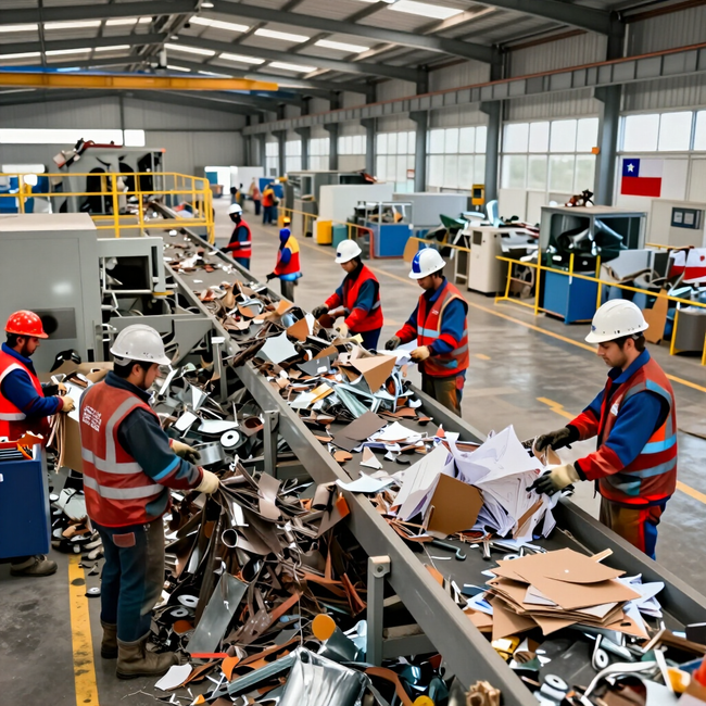 Equipo de reciclaje clasificando material ferroso, metales, papel y cartón en una planta industrial moderna