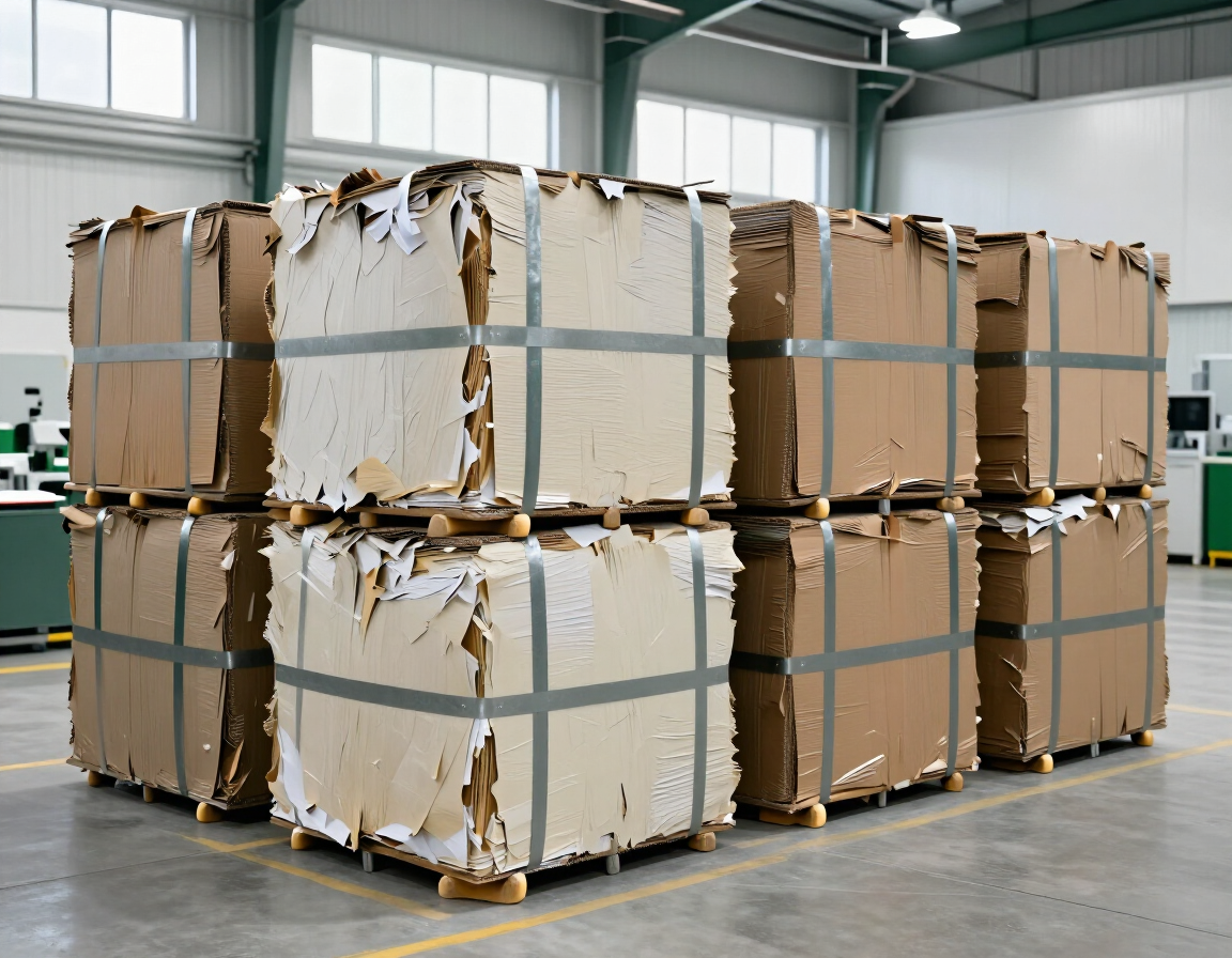 Fardos compactados de papel y cartón listos para reciclaje