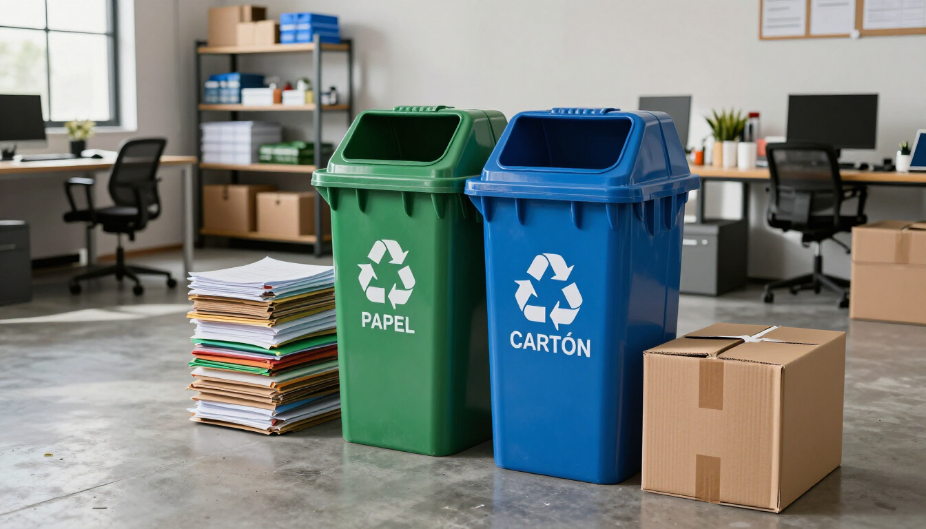 Reciclaje de papel y cartón separado en una oficina y bodega