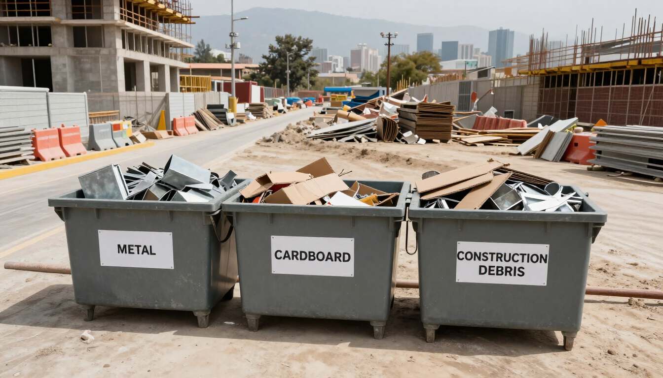 Reciclaje para constructoras con fierro, cartón y escombros separados en una obra