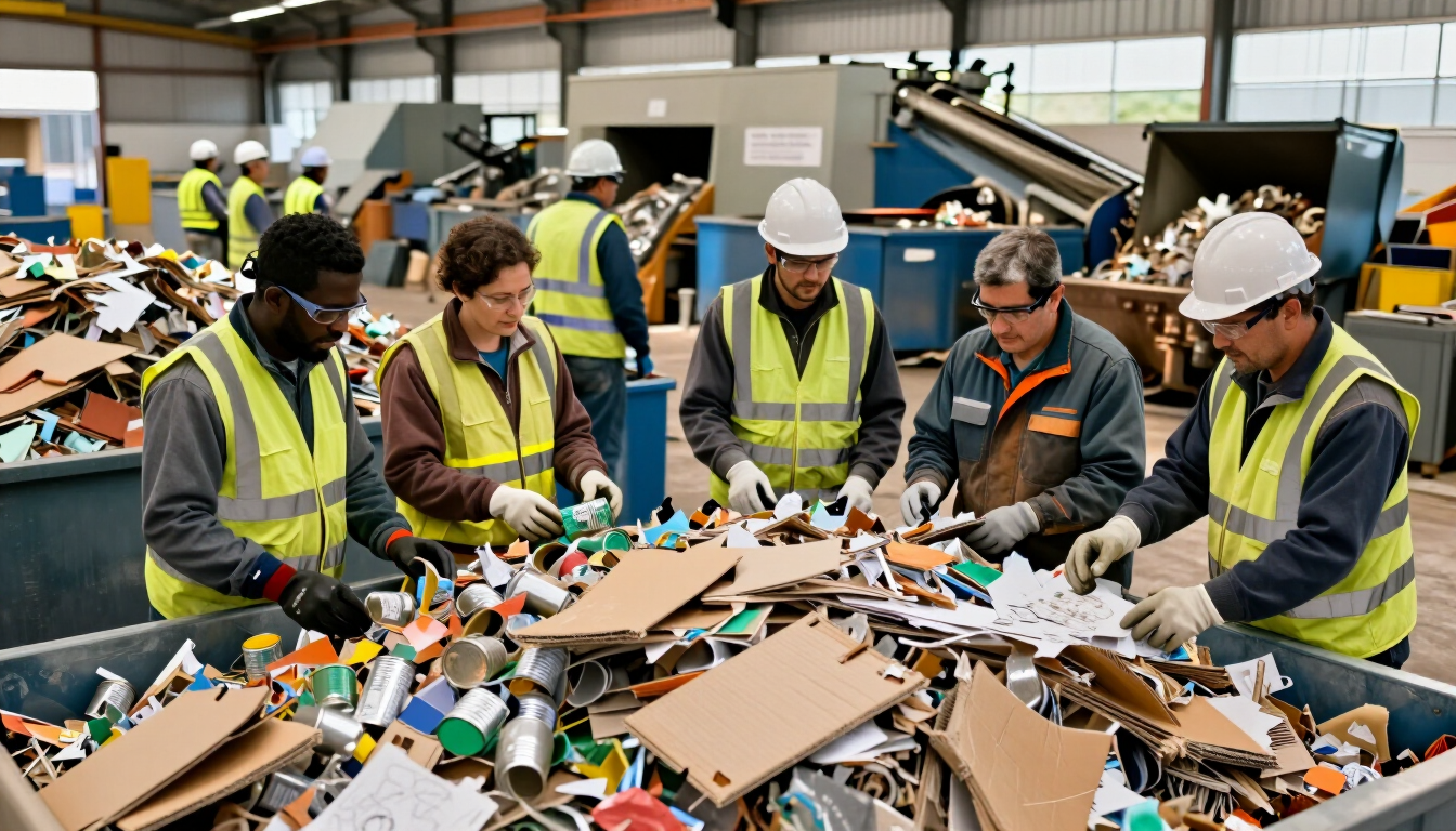 Equipo de trabajo revisando materiales reciclables en una operación industrial