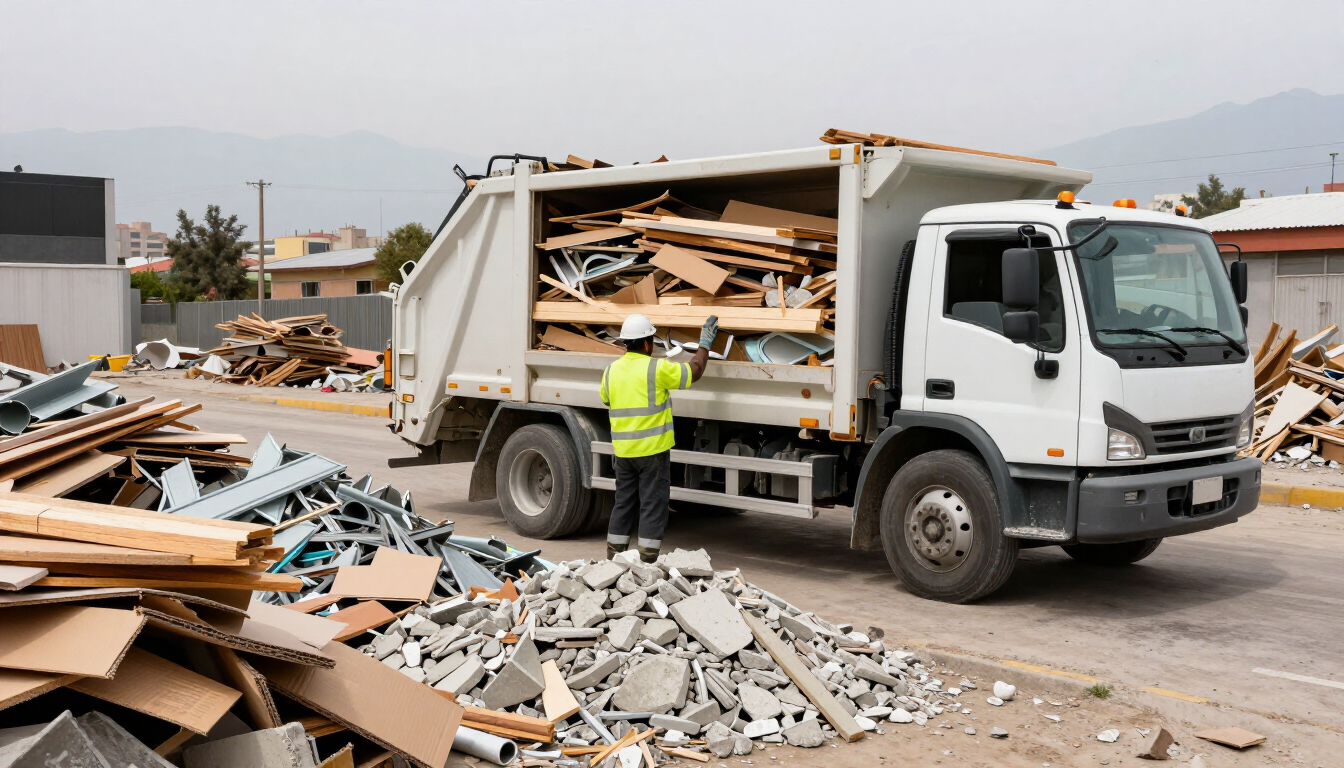Camión retirando materiales reciclables desde una obra organizada