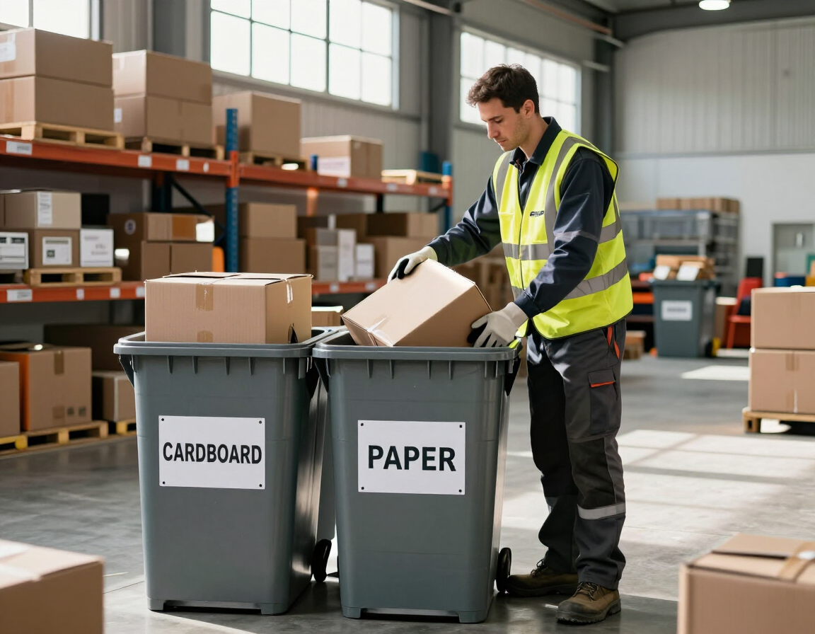 Clasificación de cajas y papel reciclable en una bodega