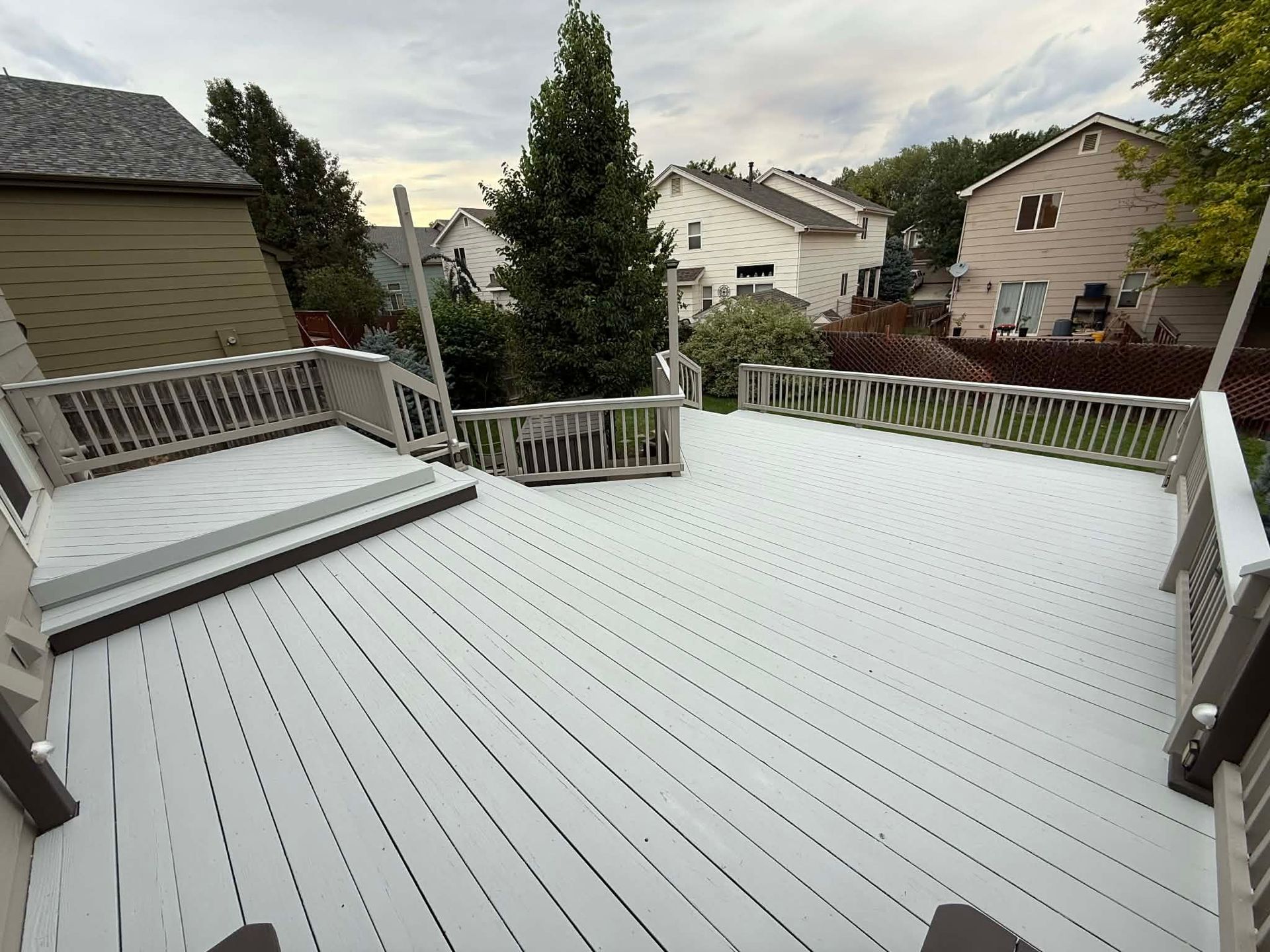 Spacious white-painted rooftop deck with railings, potted trees, and neighboring houses under cloudy sky