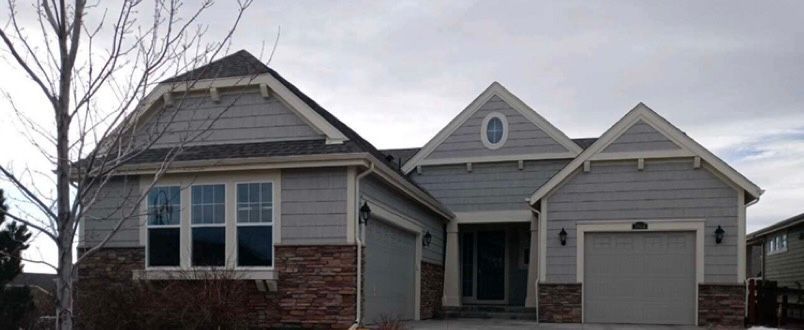 Suburban house with gray siding, brick accents, and an attached garage under an overcast sky