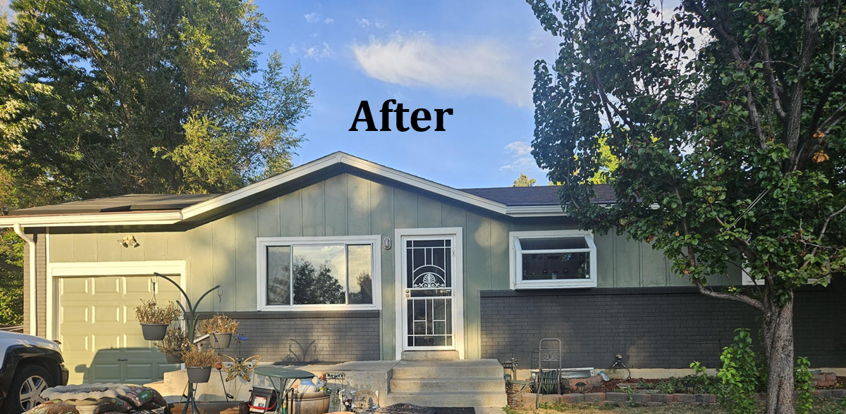 House exterior with “After” text above, showing a renovated single-story home and garage.