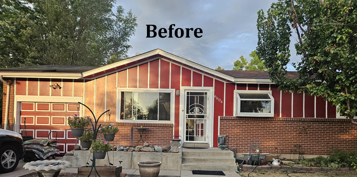 Front view of a red house with tan brick and a white door, labeled “Before.”