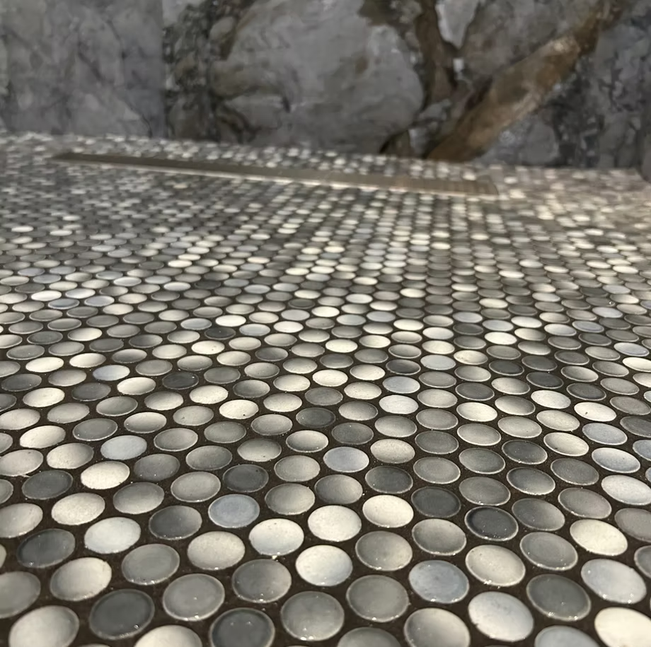 A black and white tile floor on it