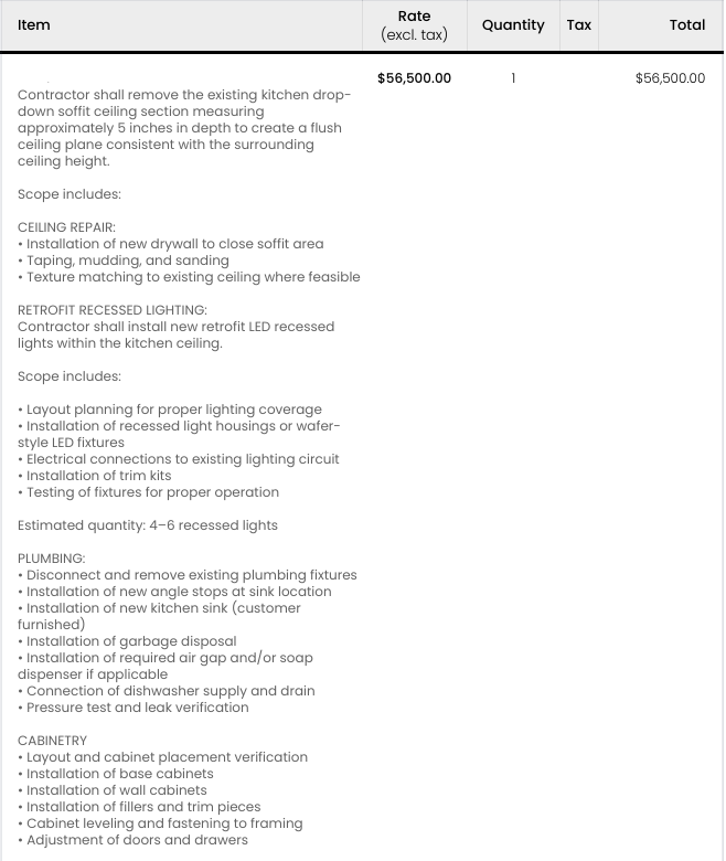 Redacted example of a real line-item remodeling bid