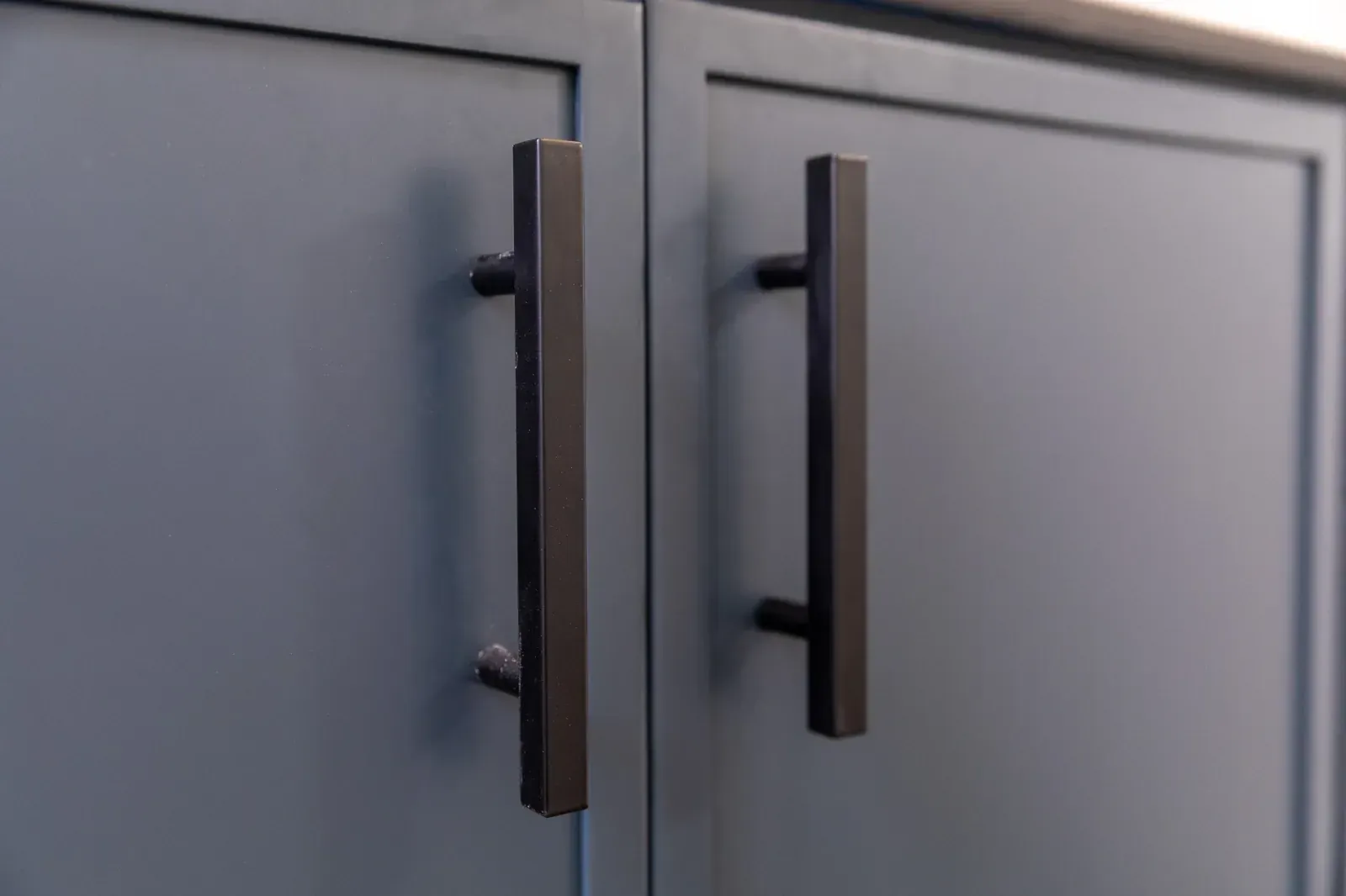 Close-up of two black cabinet handles on gray paneled doors.