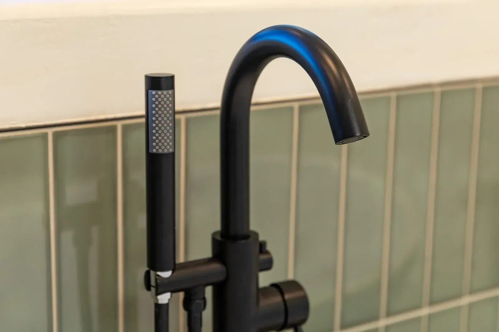 Black faucet and hand sprayer against pale green tiled bathroom wall.
