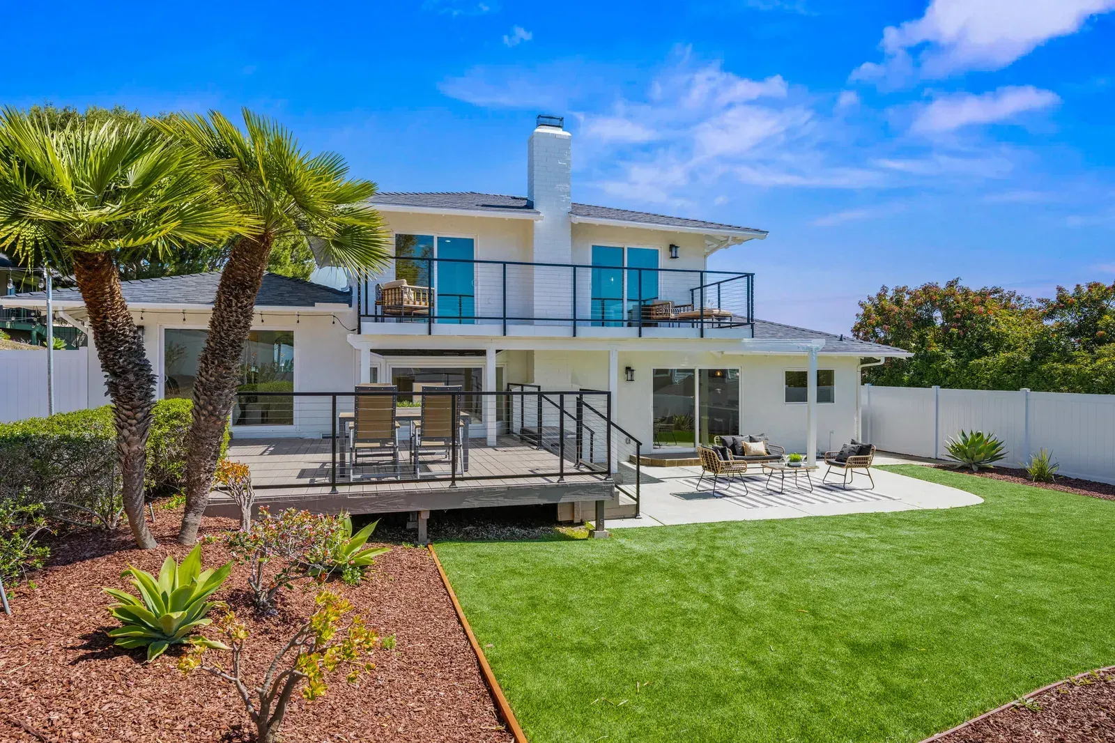 Modern two-story house with a patio deck, green lawn, and landscaped yard under a blue sky
