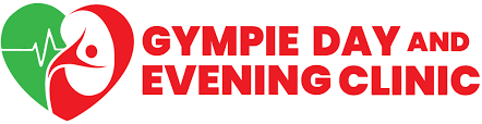 Logo of Gympie Day and Evening Clinic: green heart and red heart shape with a person inside, red text.