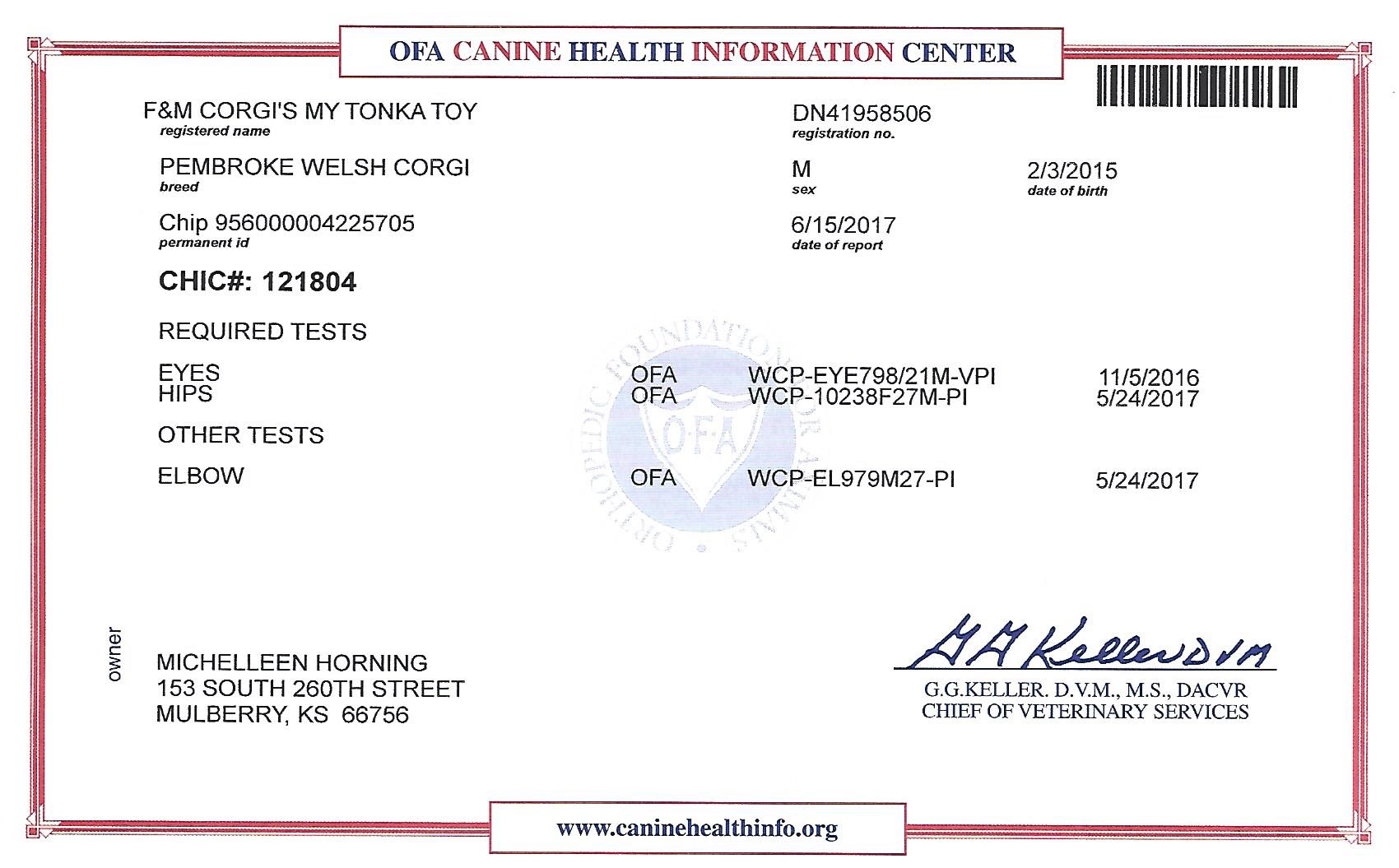 A veterinarian 's certificate for a dog with a signature on it