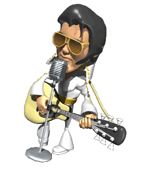 Geanimeerde tekenfilm Elvis Presley zingt en speelt op een gele gitaar, draagt ​​een zonnebril en een wit pak.