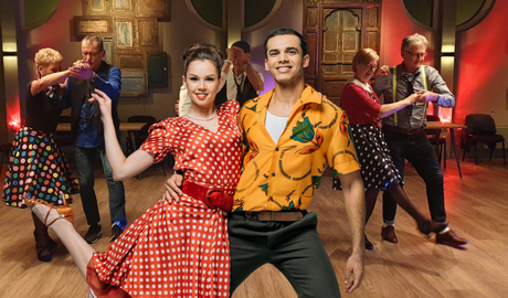 Mensen dansen rock-'n-roll in een danszaal. Rode tekst