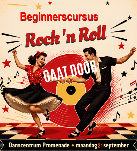 Mensen dansen rock-'n-roll in een danszaal. Rode tekst 