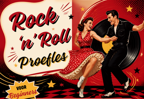 Mensen dansen rock-'n-roll in een danszaal. Rode tekst 